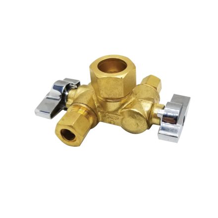 Thrifco Plumbing 4406790 5/8 Inch Comp x 3/8 Inch Comp x 1/4 Inch Comp Dual Outlet/ Dual Shut Off 1/4-Turn Angle Stop Valve